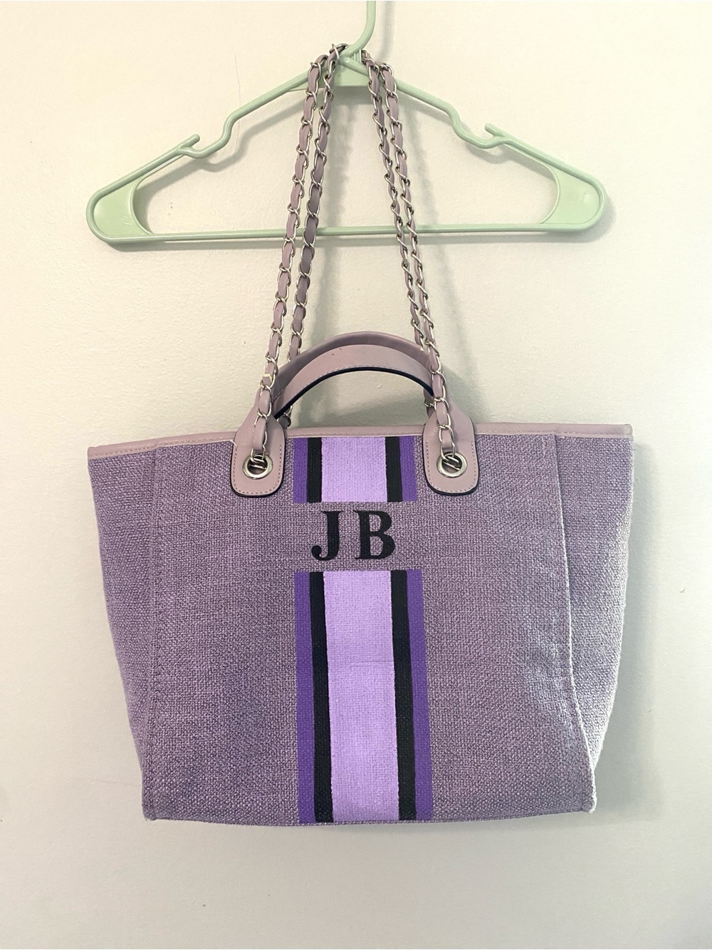 LILY & BEAN Monogrammed JB Lavender Purple Stripe Tote with Chain Handles